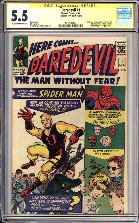 Daredevil #1 CGC 5.5 1964 SS Signed by Stan Lee Origin and 1st appearance of Daredevil (Matt Murdock). 1st appearance of Karen Page and Foggy Nelson.