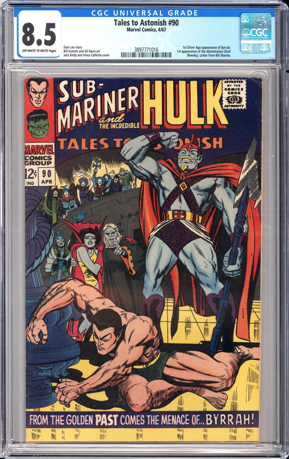 Tales to Astonish #90 CGC 8.5 1967 1st Silver Age appearance of Byrrah. 1st appearance of the Abomination (Emil Blonsky). Letter from Bill Mantlo.