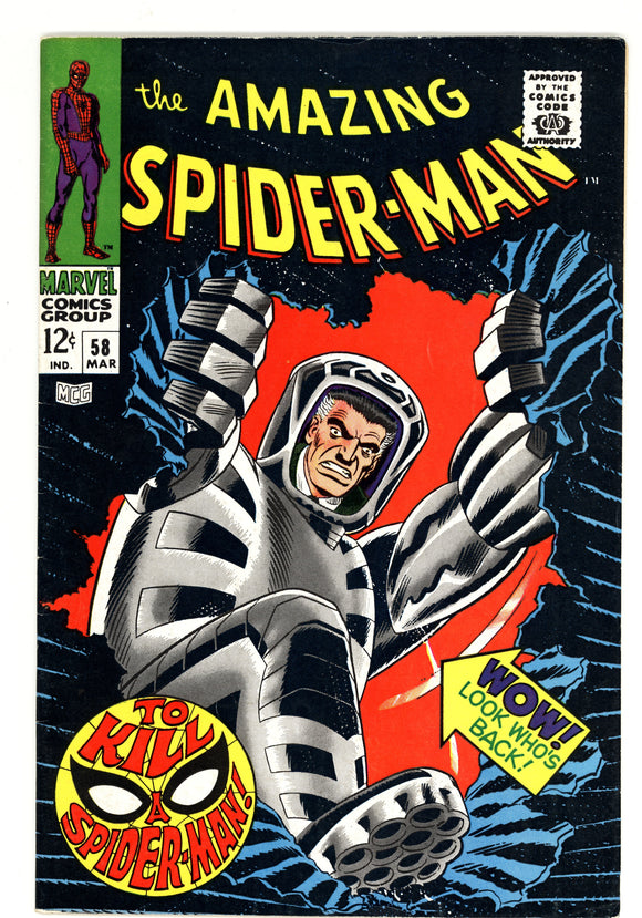 Amazing Spider-Man #58 1968 Professor Spencer Smythe, Spider-Slayer, Ka-Zar & Zabu appearance.