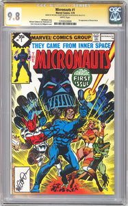 Micronauts #1 CGC 9.8 White Pages 1st appearance of Baron Karza & Bug. SIGNED BY MICHAEL GOLDEN ON 6/26/15 & JIM SHOOTER ON 6/27/15