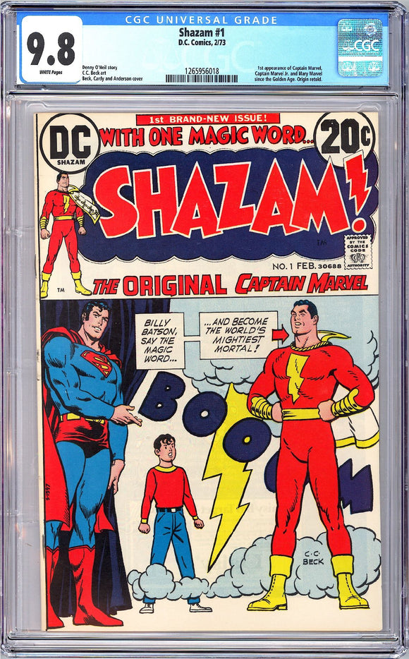 Shazam! #1 CGC 9.8 White Pages, First Captain Marvel in DC Comics; First appearance since Golden Age; First Sivana Family in DC Comics